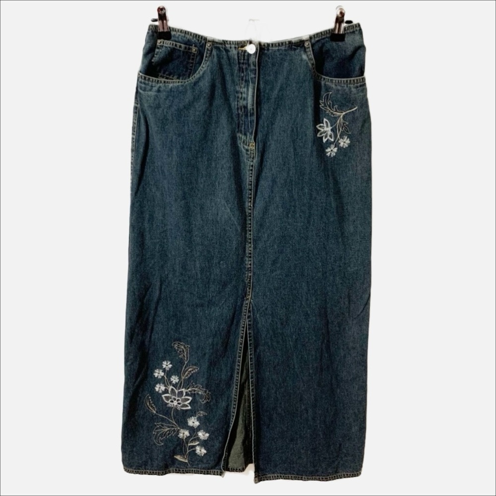 Marsh Landing Long Denim Jean Skirt Embroidered Flowers on Front Slit in Front
